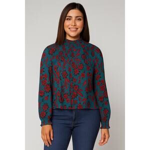 Abercrombie womans sheer floral long sleeve green teal red blouse.  Size XS